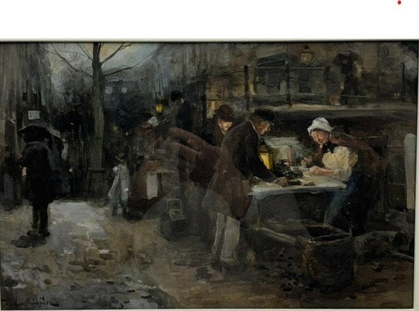Adriaan de la Riviere 1857-1941. Markttafereel gesigneerd., Ophalen of Verzenden