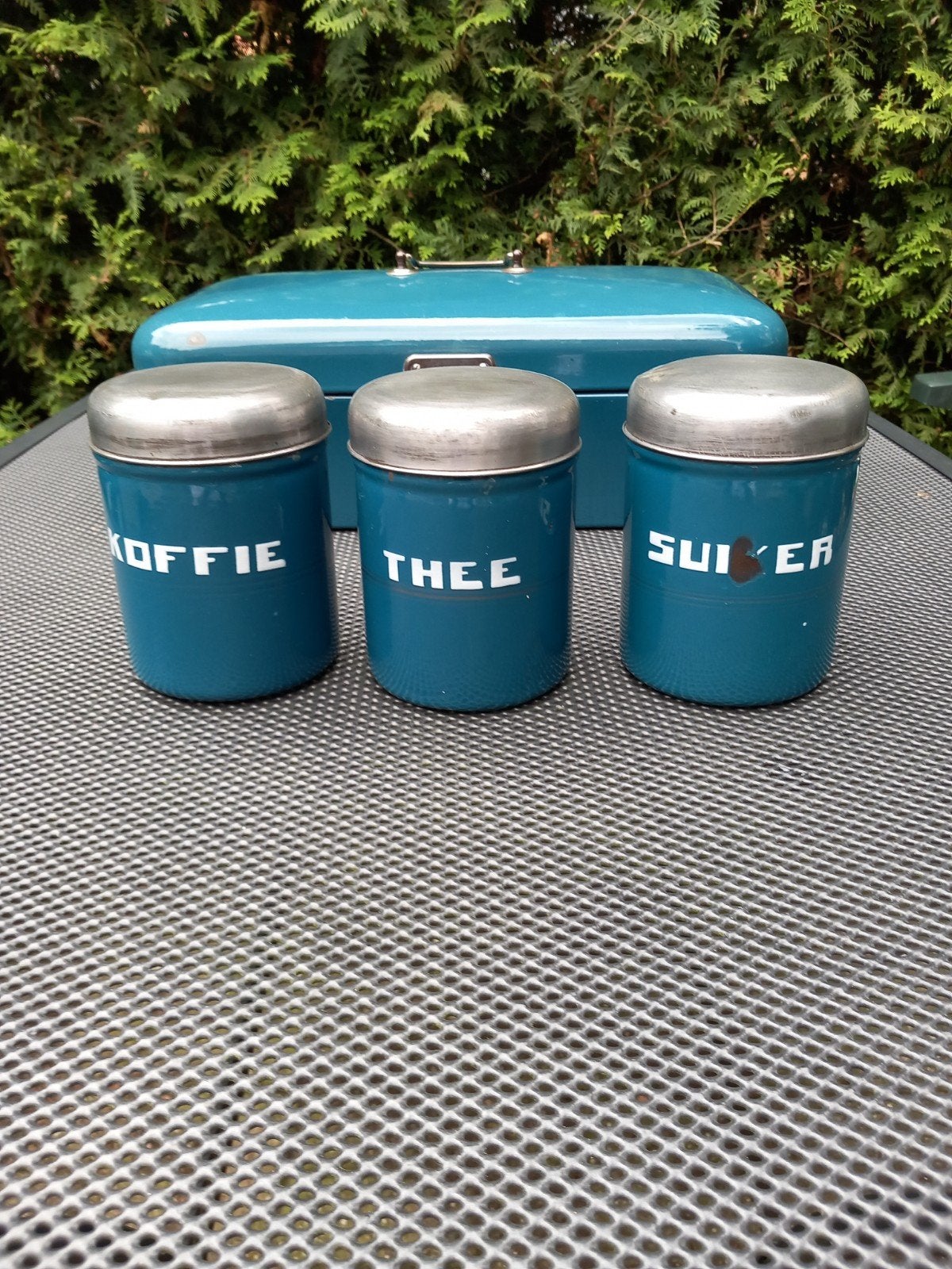 Petrolblauw emaille koffie-thee en suikerbussen, Ophalen of Verzenden