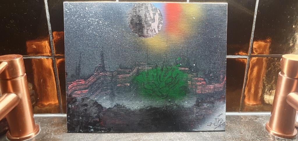 Spraypaint art [city with moon], Antiek en Kunst, Kunst | Schilderijen | Modern, Ophalen of Verzenden