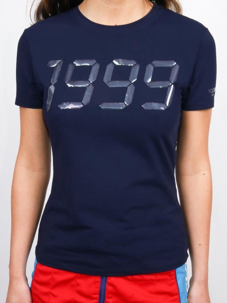 Vintage Blue Moschino 1999 Y2K Bug Tee, Maat 38/40 (M), Moschino, Korte mouw, Gedragen