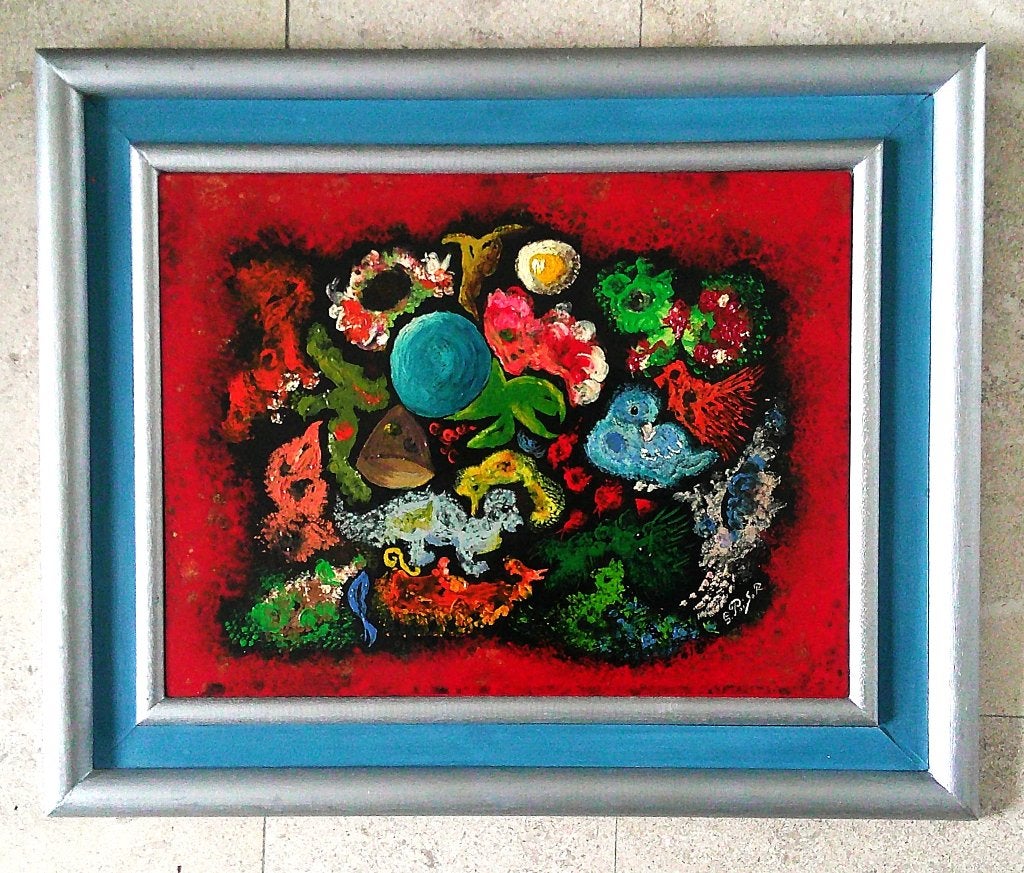Compositie van vnl. dieren c.1980 - Gerda Peiser, Paneel, Ophalen of Verzenden, Olieverf, Dieren