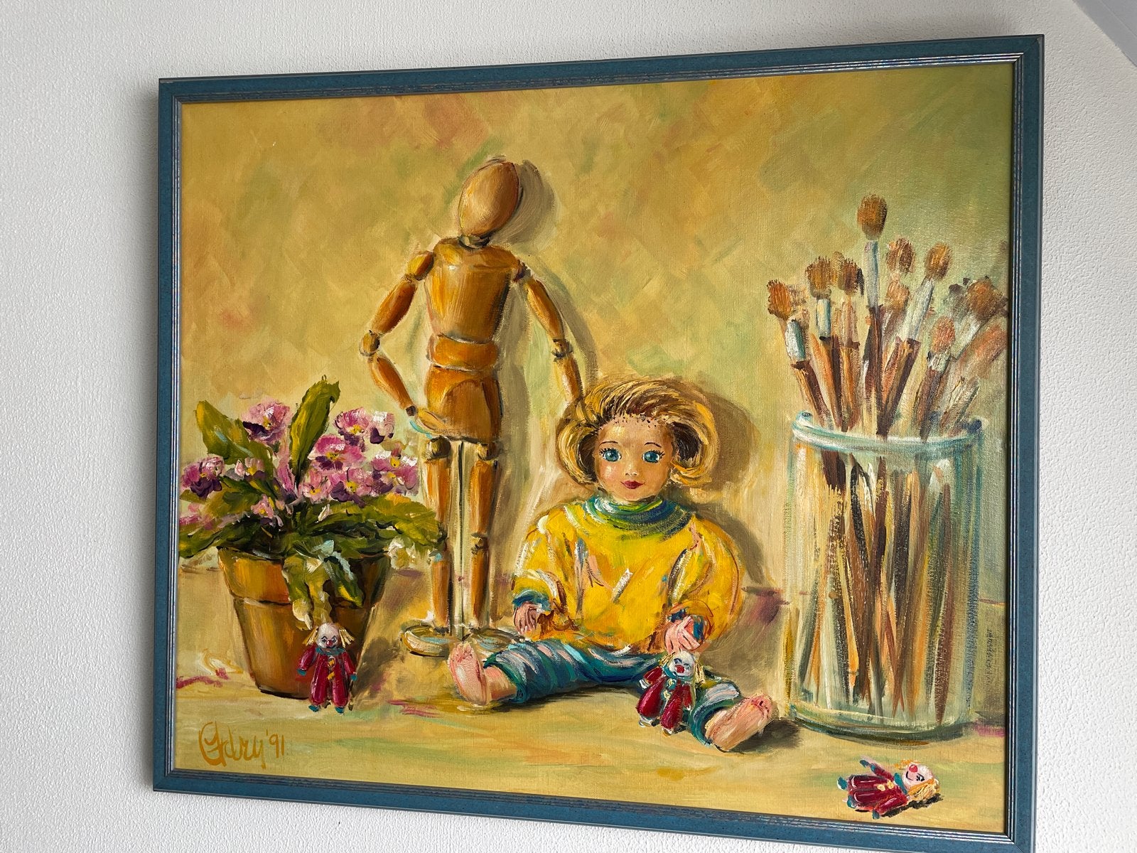 Adry Deekens - Stilleven met pop en kwasten (1991), Antiek en Kunst, Ophalen, Gedateerd, Doek, Realistisch