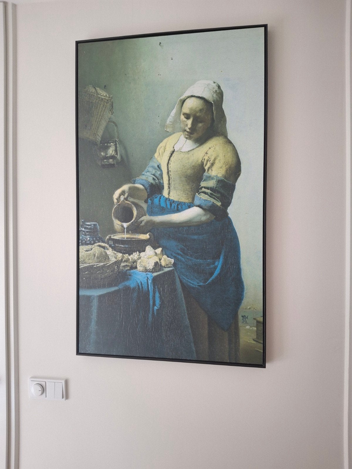 Het Melkmeisje - Johannes Vermeer reproductie 70x116 cm, Ophalen, Doek, Portret of Personen, Klassiek