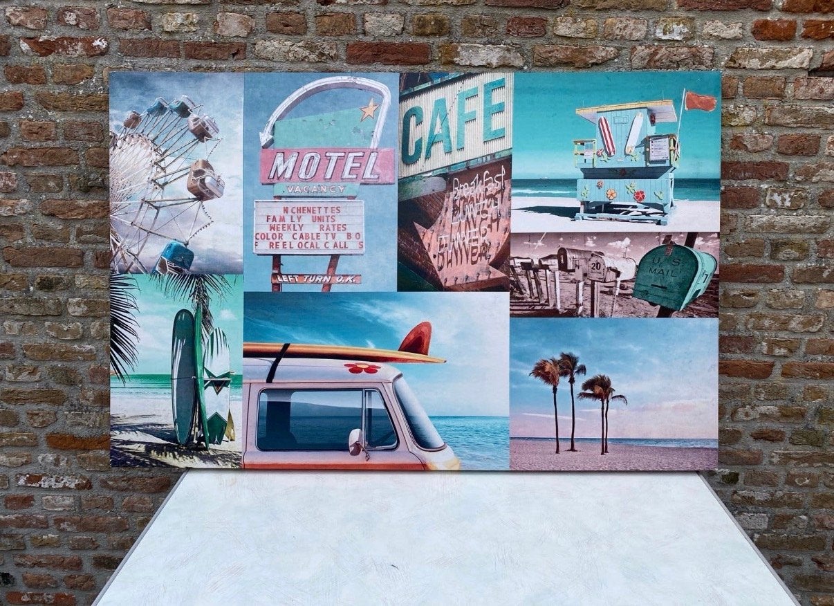 Grote canvas met diverse strand- en retro-afbeeldingen, Ophalen, Gebruikt, Print, 100 tot 125 cm