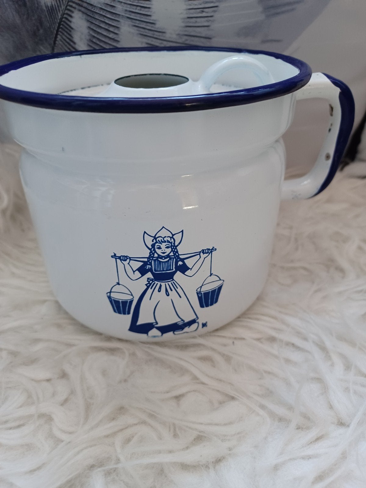 Vintage emaille melkkan met Delfts blauw decor, Antiek en Kunst, Ophalen of Verzenden