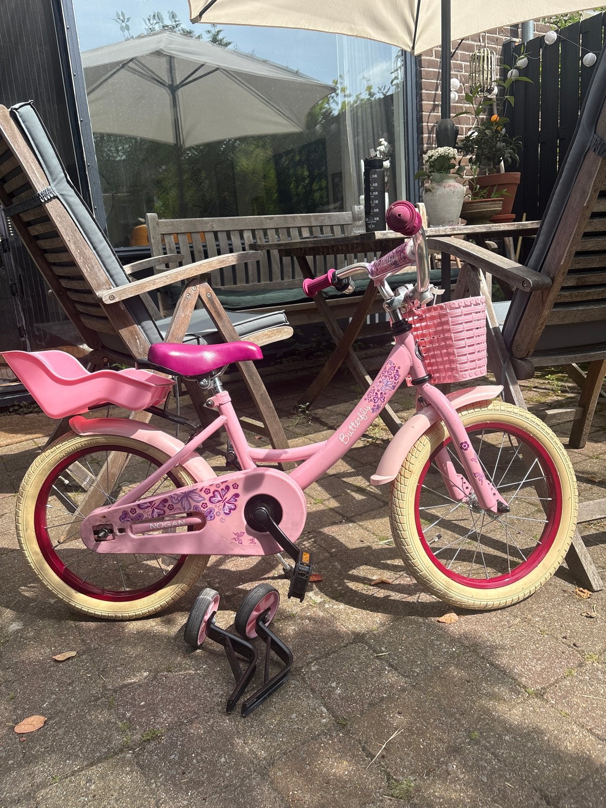 Nogan Butterfly 16 inch kinderfiets met zijwieltjes, Ophalen, Terugtraprem, Zijwieltjes, 16 tot 20 inch