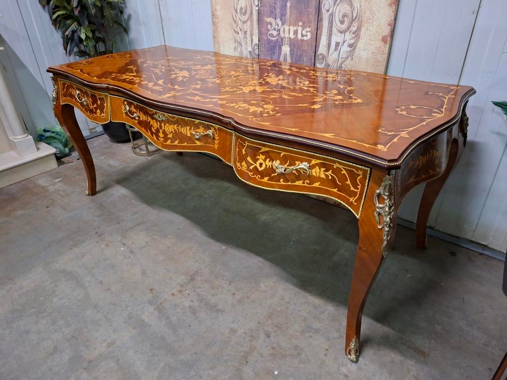 Antieke barok stijl schrijftafel, bureau, desk met inlegwerk, Ophalen of Verzenden