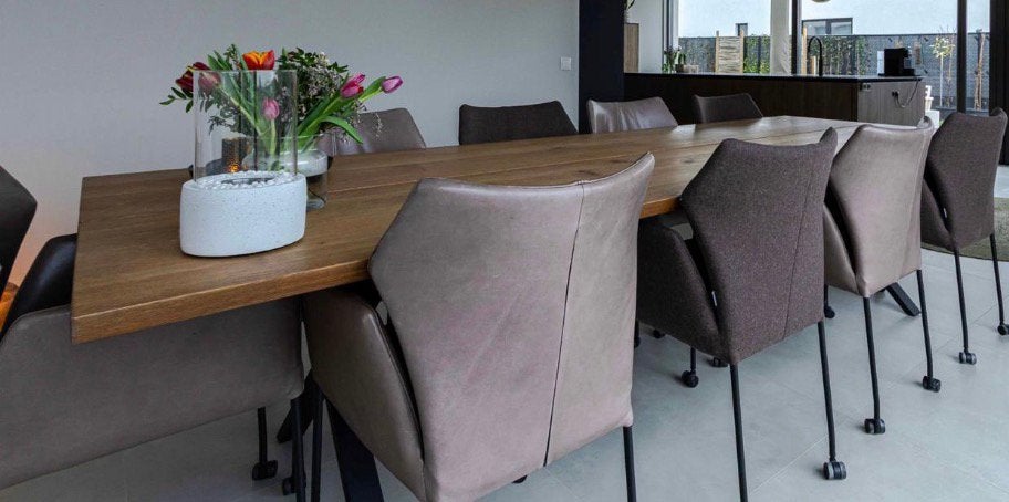 Eetkamerstoelen 6x echt leder 4x vilt bruin, Ophalen, Bruin, Leer, Zo goed als nieuw