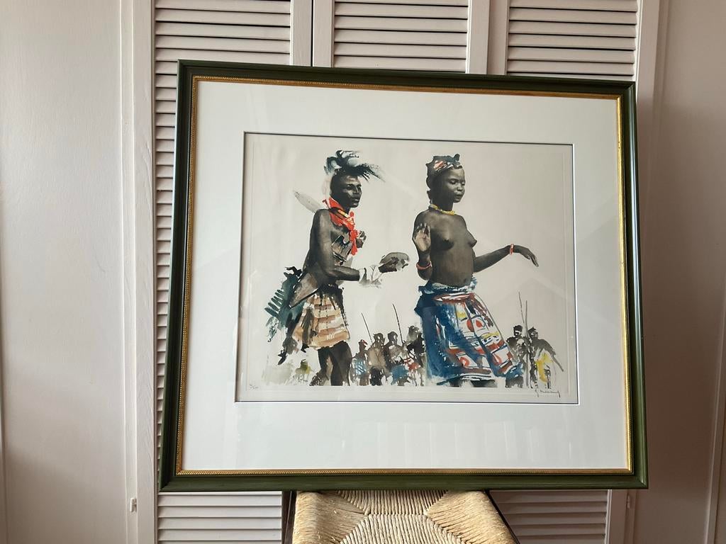 Kleuren ets van Roger Hebbelinck 94 x 83 CM, Antiek en Kunst, Kunst | Etsen en Gravures, Ophalen, Dagelijks leven, Gesigneerd