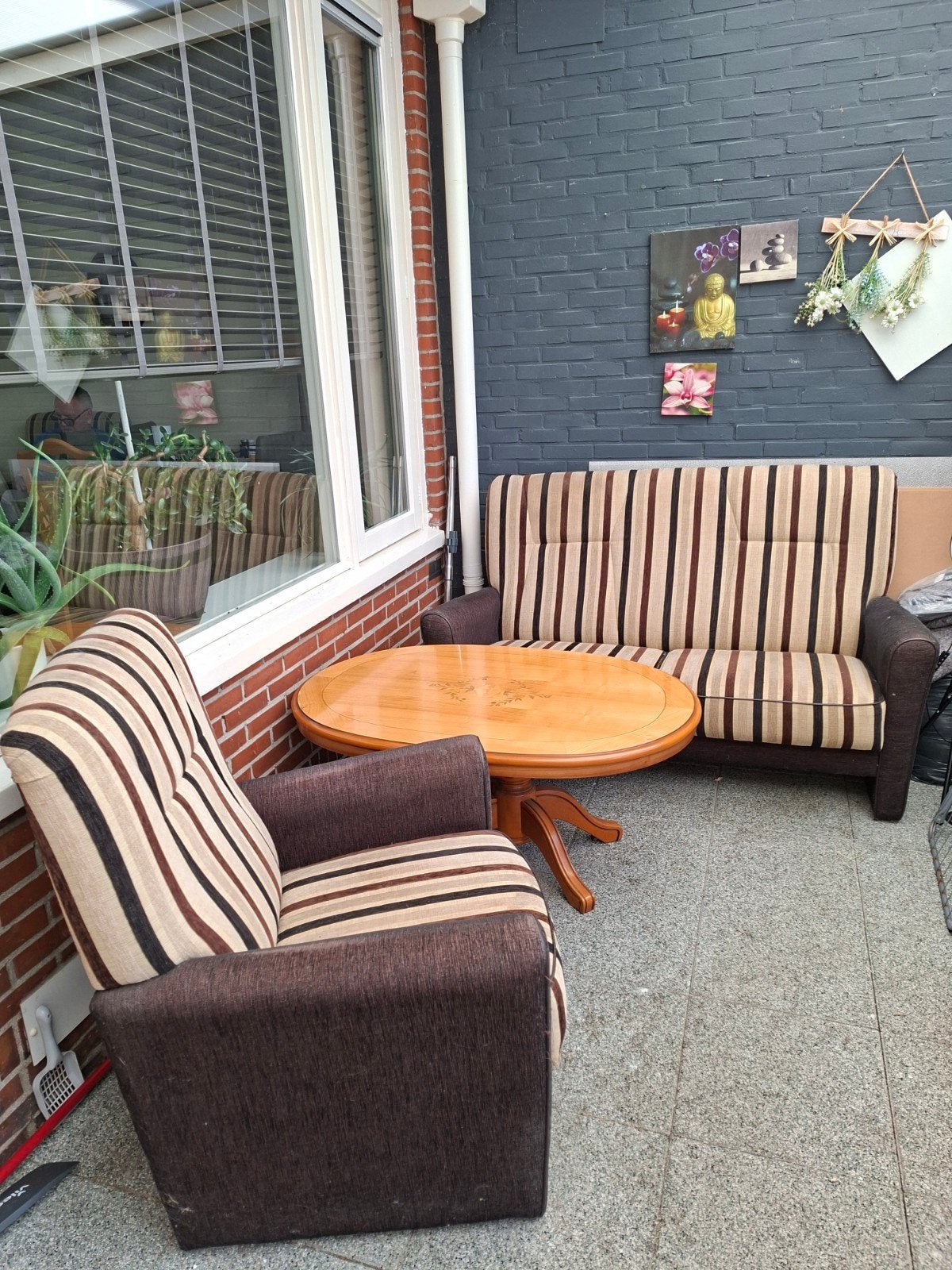 Bank met 2 stoelen en tafel, Hout, Gebruikt, Tweepersoons, Ophalen of Verzenden
