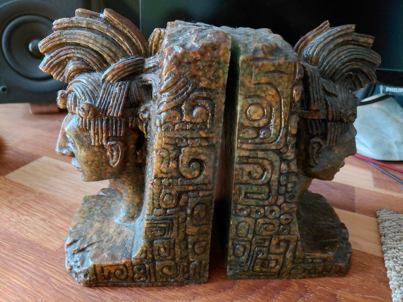 Vintage Boekensteunen Maya / Azteken Composiethars Malachiet, Meerkleurig, Boho, Ophalen of Verzenden, Zo goed als nieuw