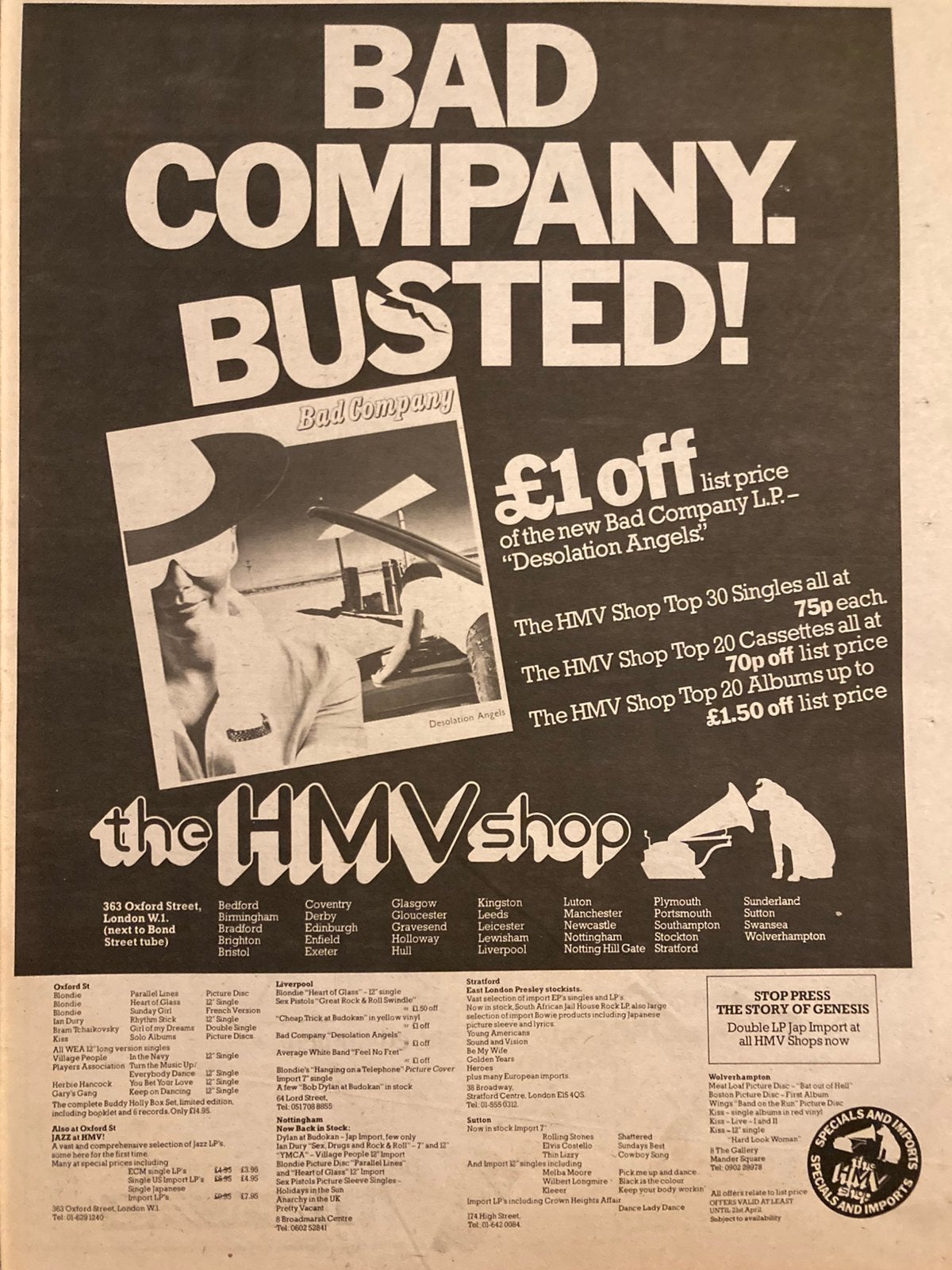 Paginagrote A3 advertentie BAD COMPANY Desolation release, Ophalen of Verzenden