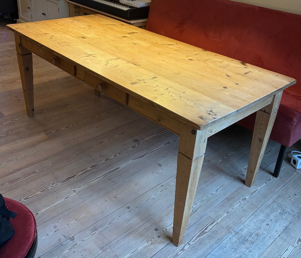 Handgemaakte eettafel van oud treinwagonhout met 2 laden, Gebruikt, Industrieel, Rustiek, Landelijk, Vijf personen of meer, 150 tot 200 cm