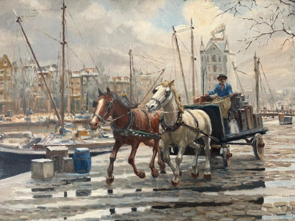 Pracht schilderij van H. Wolters: Paard en Wagen "Rotterdam", Ophalen