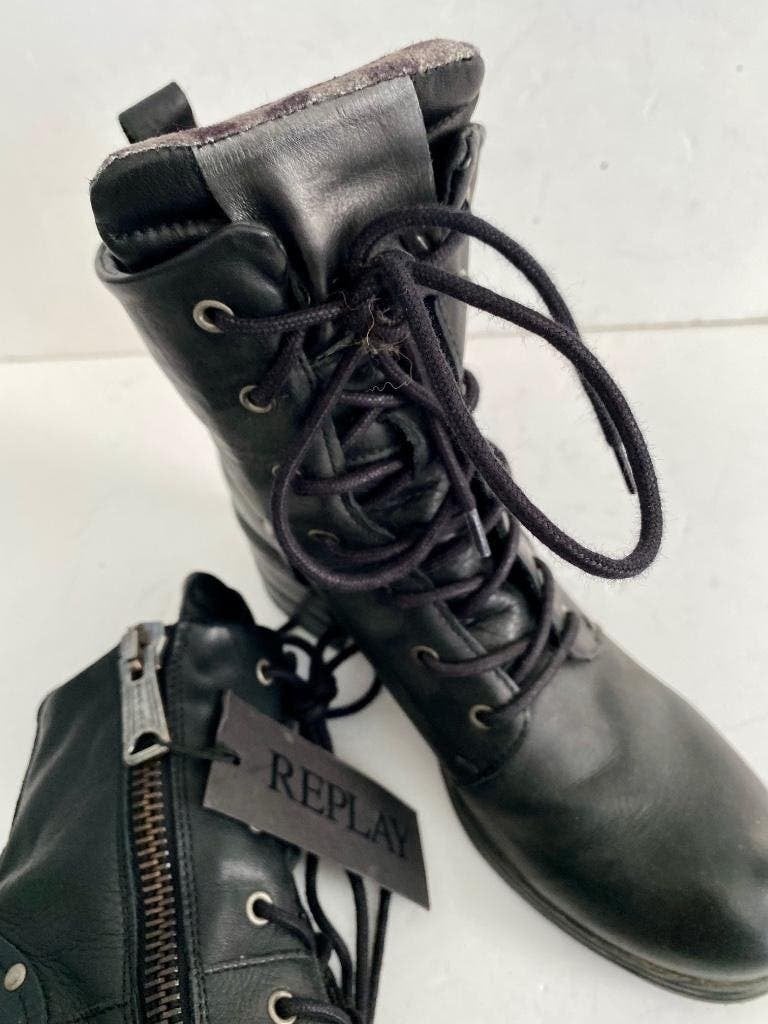 J481 Nieuw: Replay maat 38 boots lage leren laarsjes leer, Zwart, Nieuw, Replay, Ophalen of Verzenden