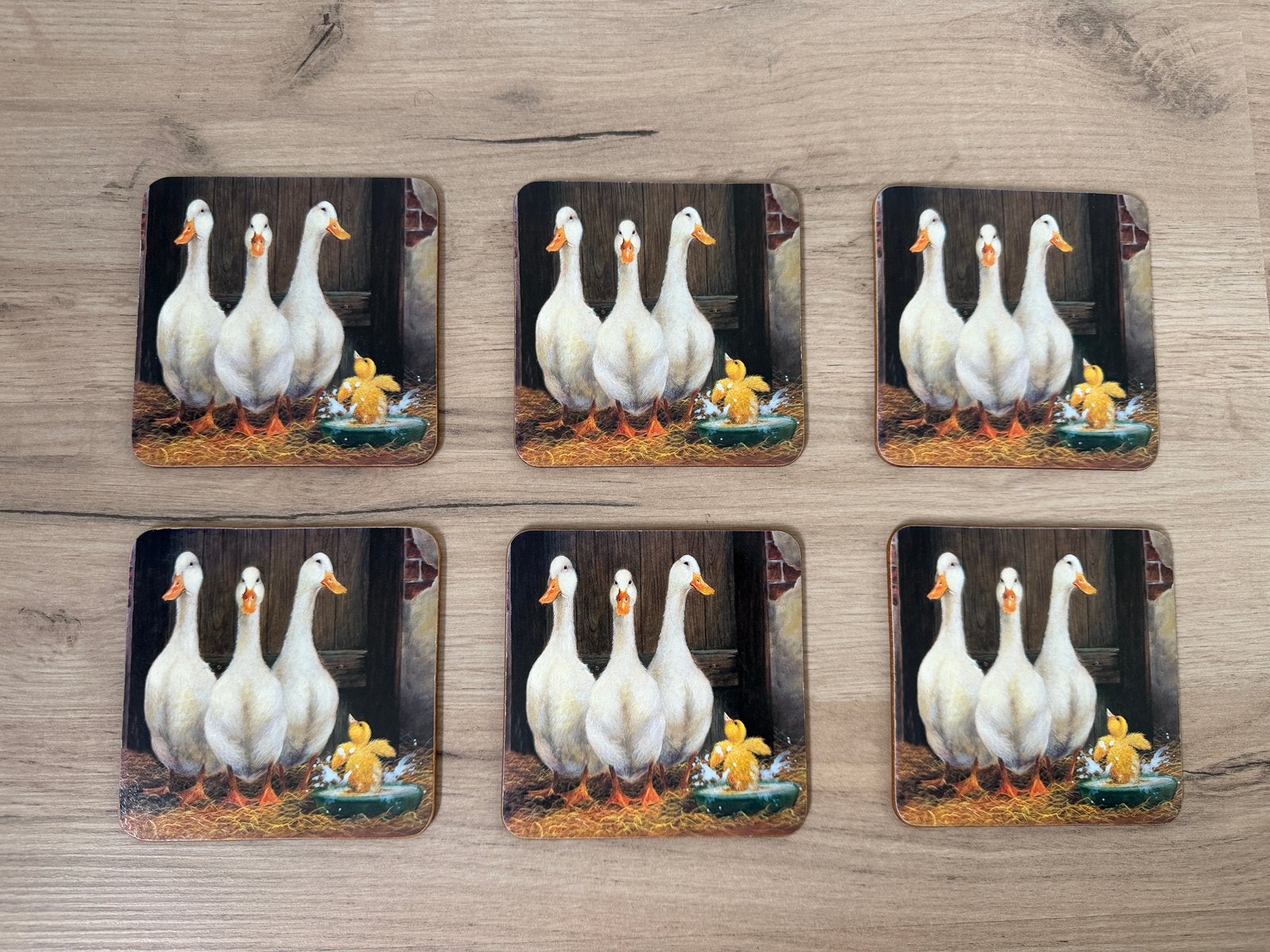 6x Cloverleaf onderzetters eend / coasters duck 11x11 cm, Kurk, Glasonderzetter, Stapelbaar, Zo goed als nieuw