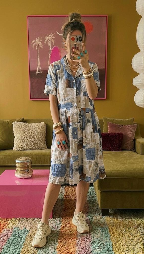 167 Unieke Vintage Hemdjurk met Kunstzinnige Print, Ophalen of Verzenden, Gedragen, Blauw, Knielengte
