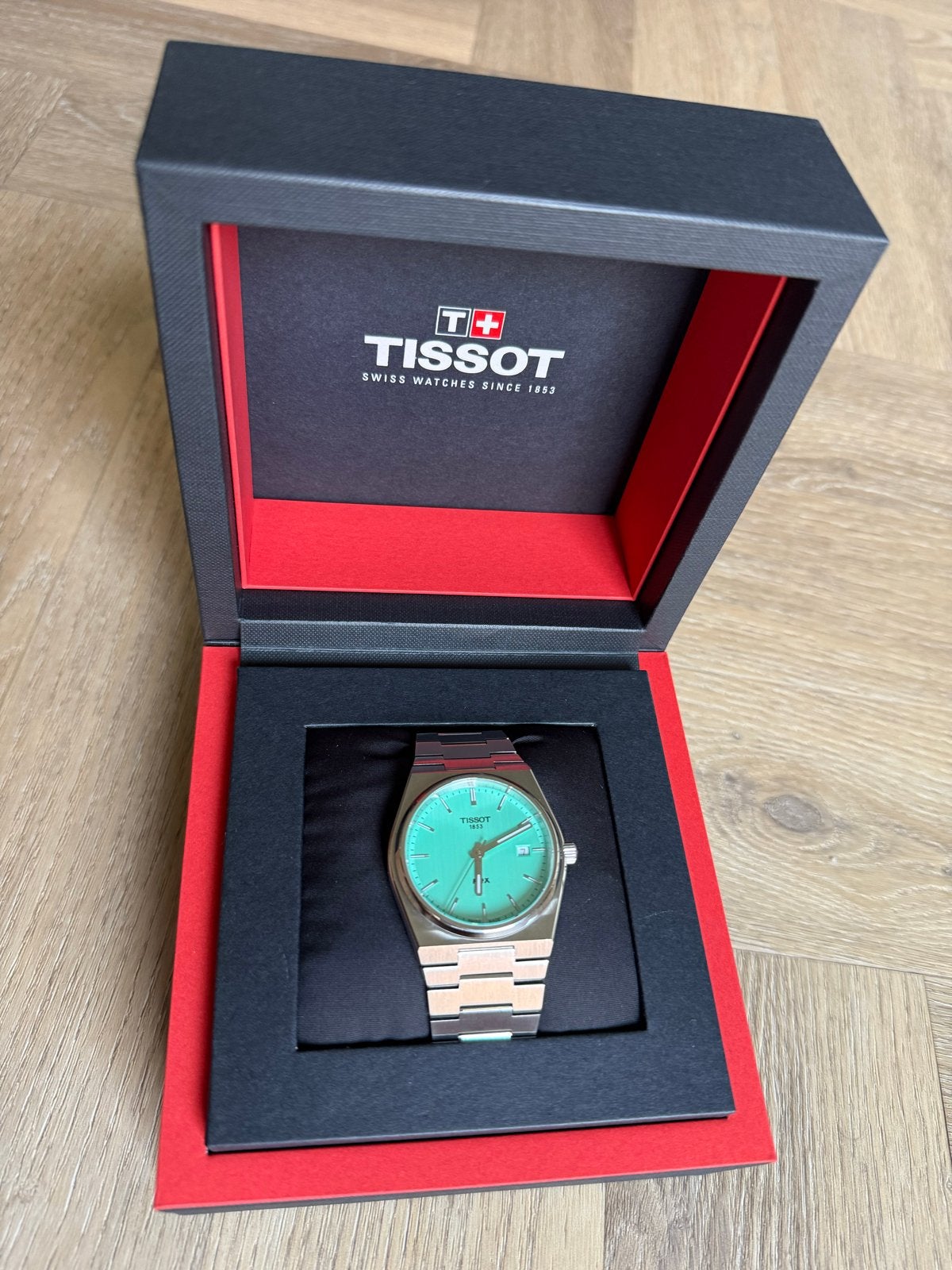 Tissot PRX Quartz 40mm Turquoise., Sieraden, Tassen en Uiterlijk, Staal, Polshorloge, Zo goed als nieuw, Ophalen
