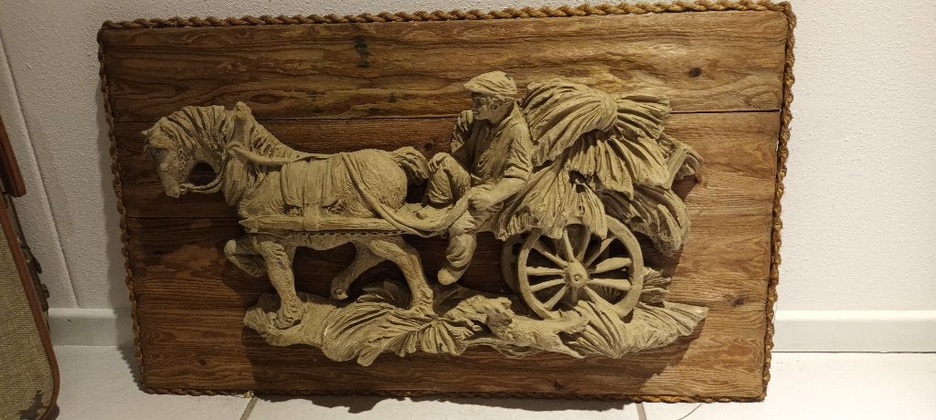 schilderij van gips met paard en hond, Antiek en Kunst, Ophalen, Oud hollands, Overige onderwerpen, Overige technieken