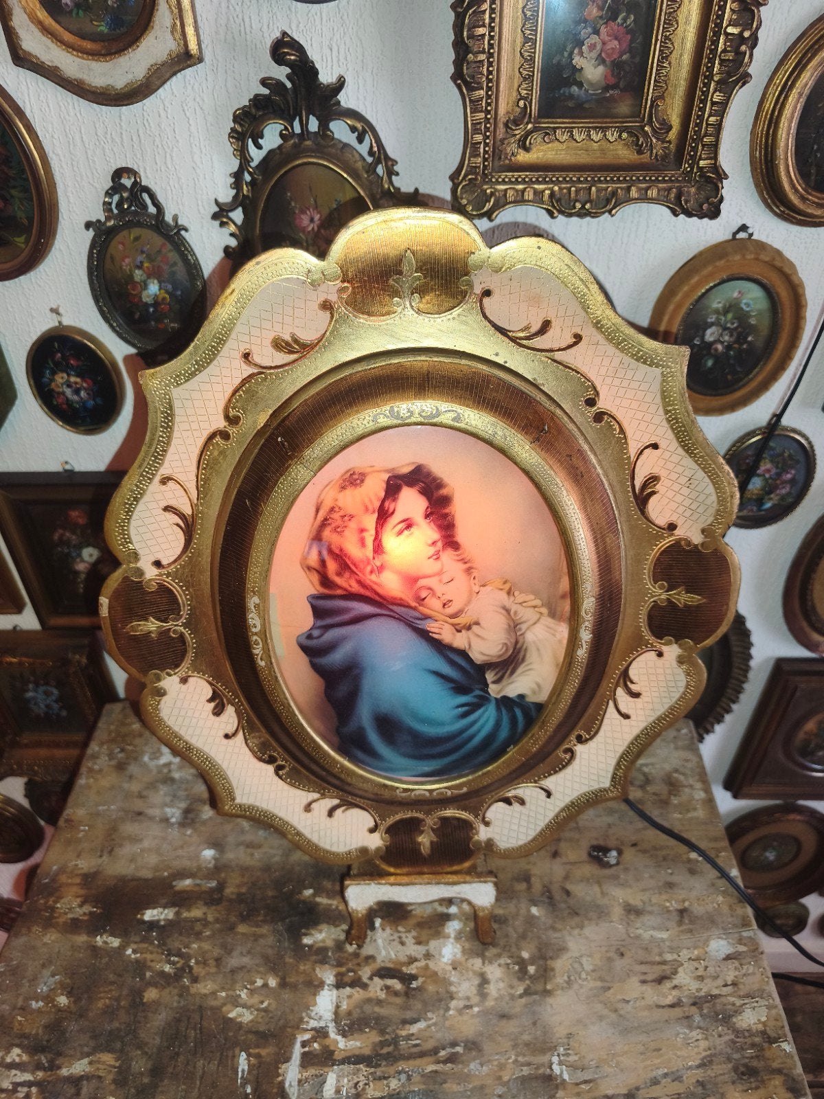 Oude florentijnse lijst / lamp met religieuze prent U28, Verzamelen, Ophalen of Verzenden, Gebruikt