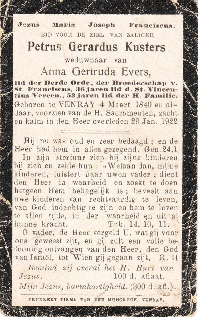 Venray 1840 - 1922 Petrus Kusters, Ophalen of Verzenden, Bidprentje
