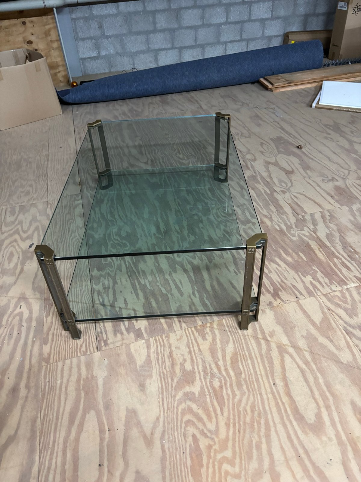Peter Ghyczy salontafel - Glas en messing, Ophalen, Gebruikt, 100 tot 150 cm, 50 tot 100 cm