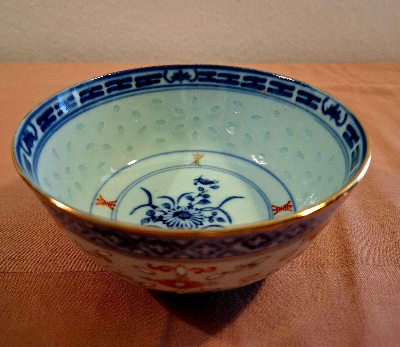 Prachtige Vintage Chinese Rijstkom – Rijst-ajour Porselein (, Verzenden