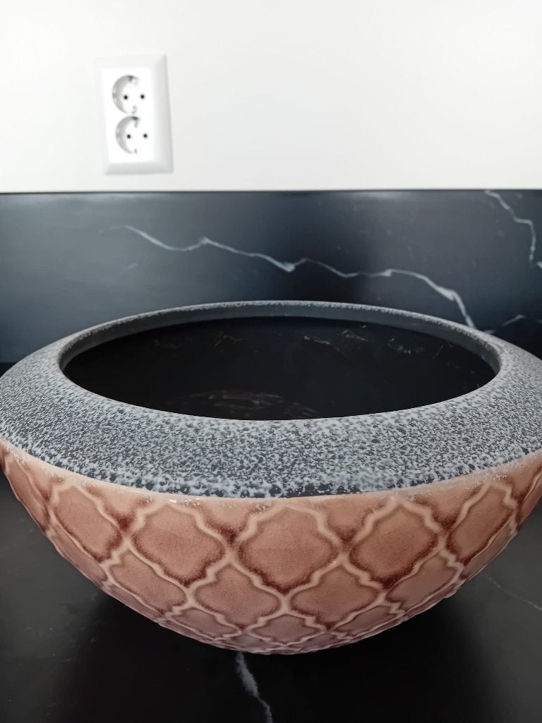 Plantenpot oud roze motief reliëf + lichtgrijze rand ø 27 cm, 25 tot 40 cm, Gebruikt, Rond, Binnen