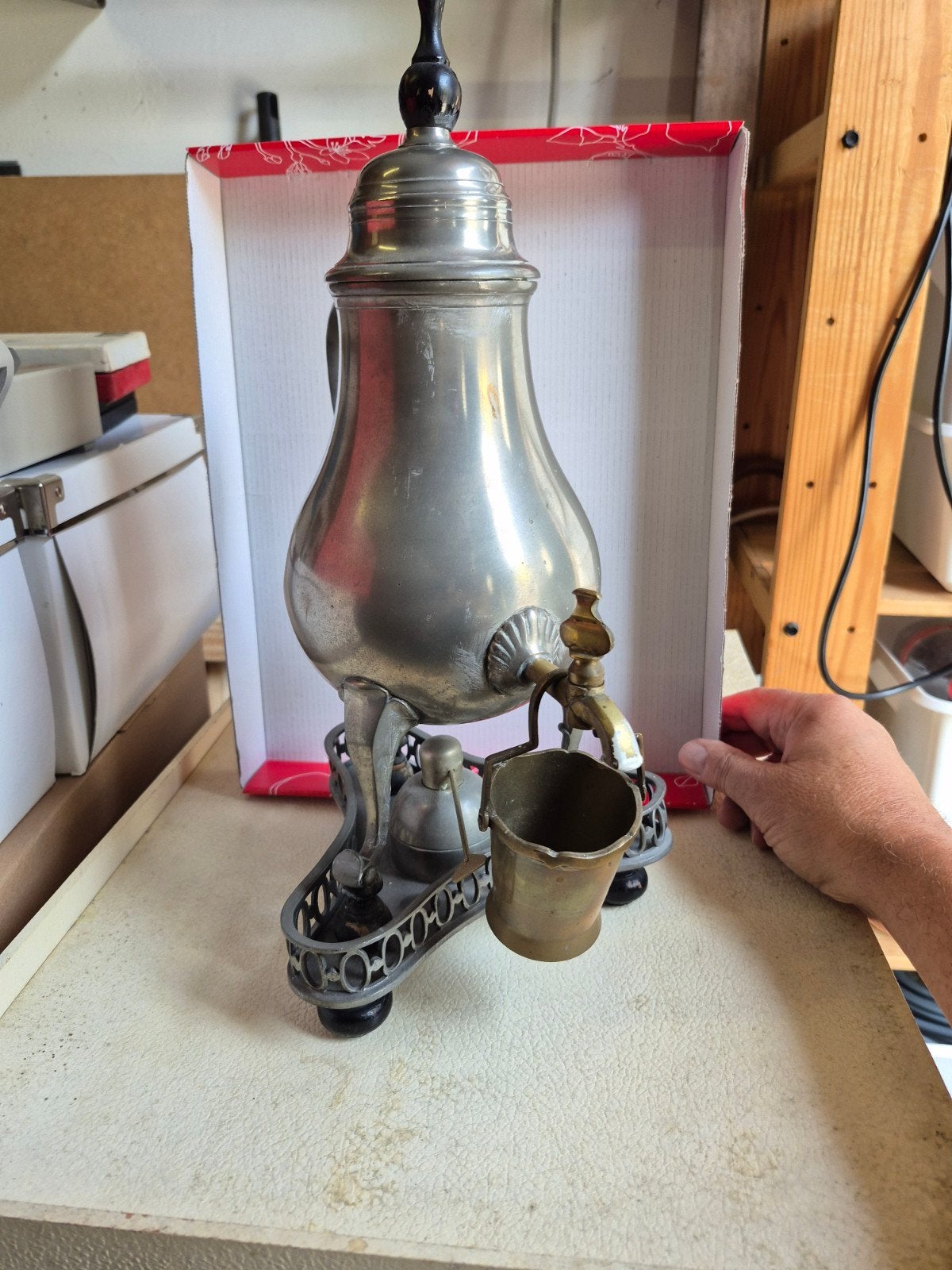 Antieke tinnen theeketel/samovar met spiritusbrander, Ophalen of Verzenden
