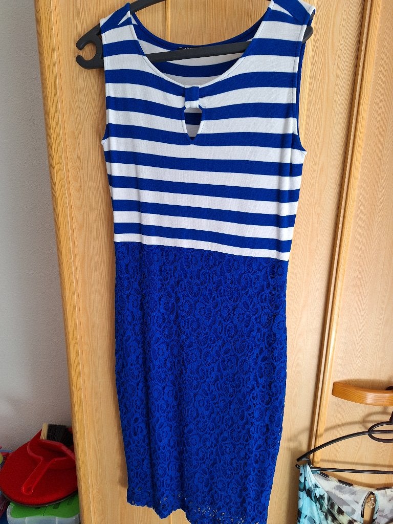 Mooie jurk: juffrouw Jansen, Maat 38/40 (M), Blauw, Ophalen of Verzenden, Zo goed als nieuw