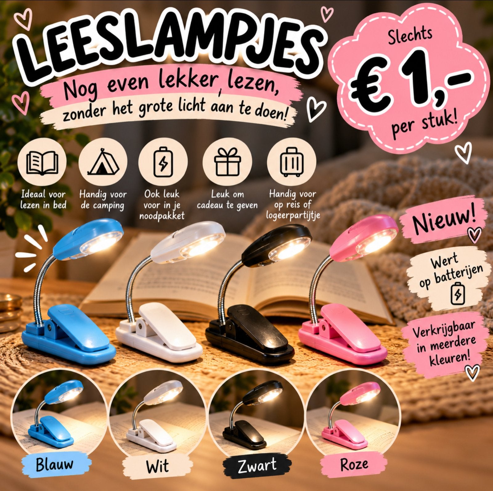 Handige Leeslampjes Diverse Kleuren, Huis en Inrichting, Ophalen of Verzenden, Nieuw, Meerkleurig, Kunststof