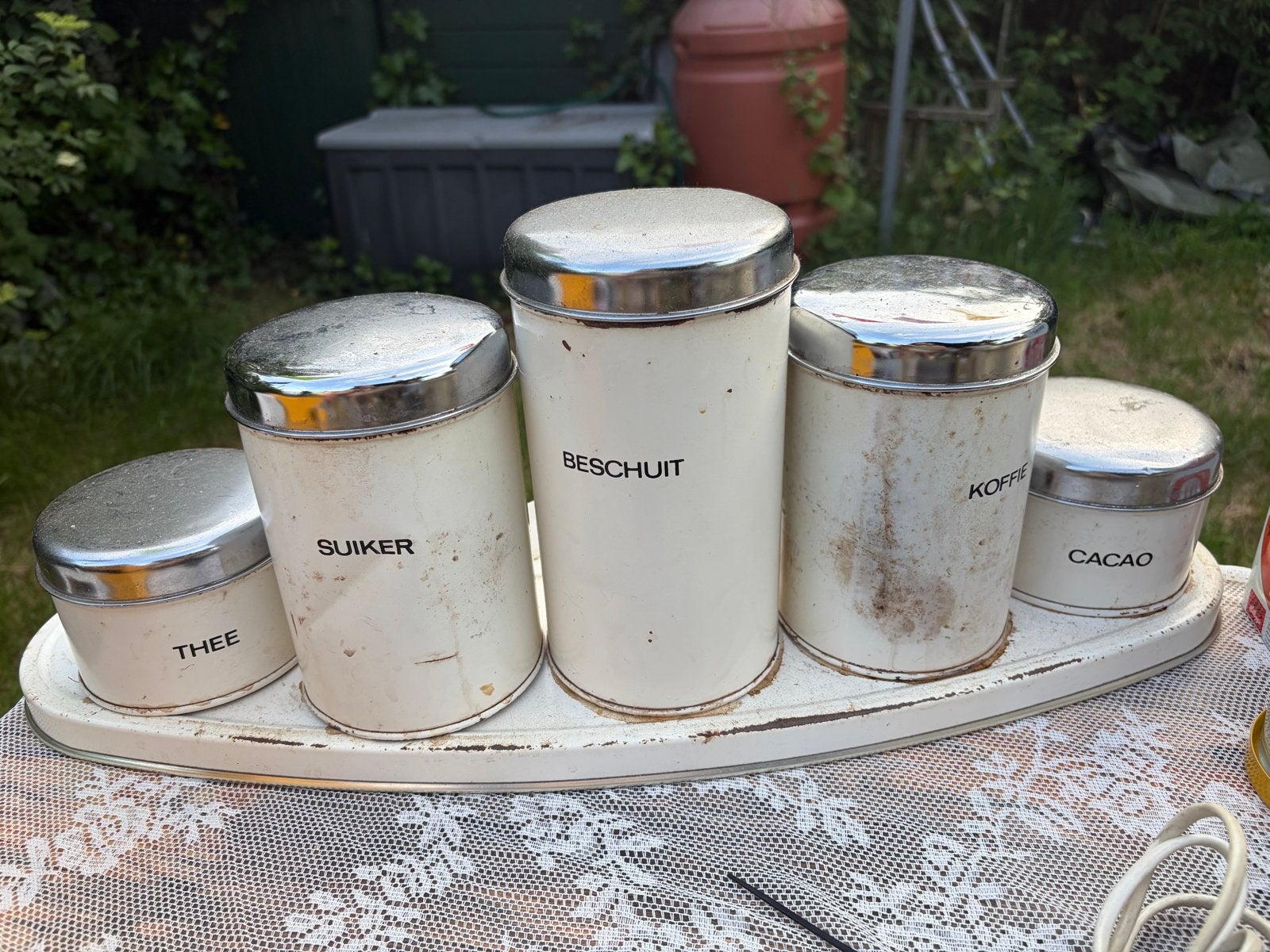 Vintage voorraadblikken set met dienblad - Thee, Suiker, Kof, Antiek en Kunst, Ophalen of Verzenden