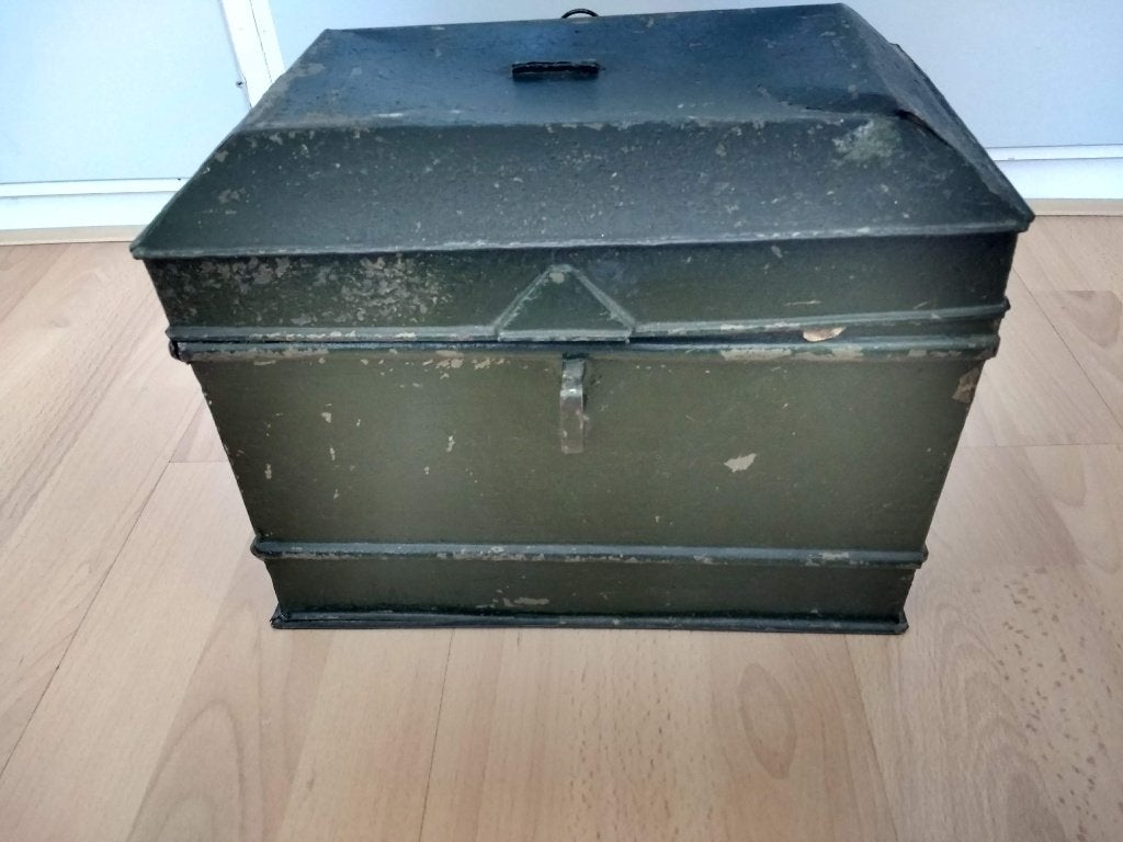 Groot antiek blik donkergroen, trommel uit begin 1900, Verzamelen, Ophalen of Verzenden, Gebruikt, Overige