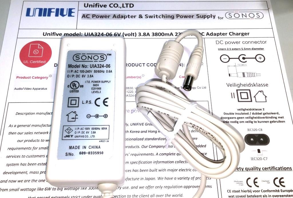 UNIFIVE UIA324-06 6V 3.8A 3800mA 22.8W Adapter Sonos Lader, Ophalen of Verzenden, Nieuw