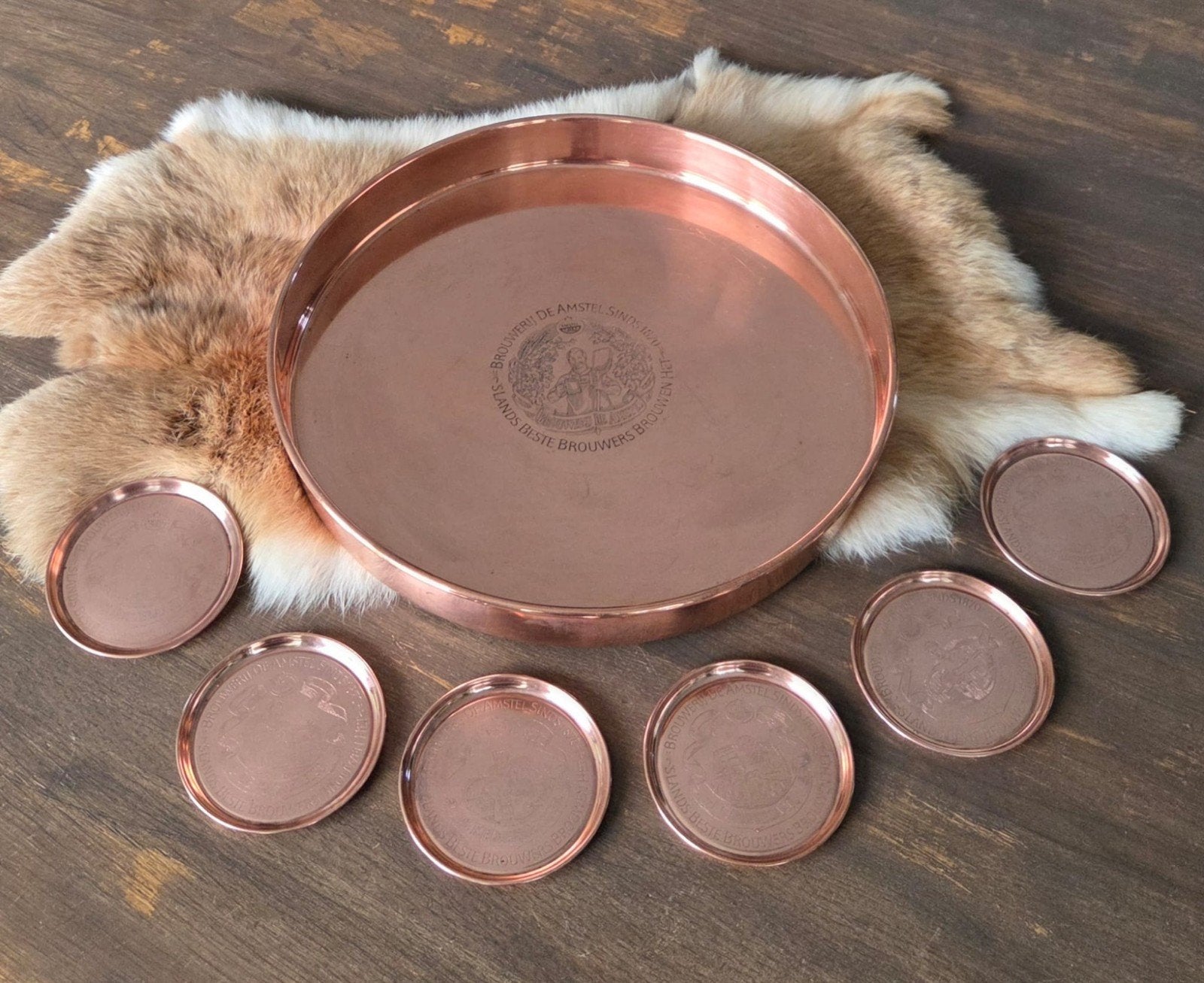 Vintage Amstel Bier Set – Koperen Dienblad + 6 Onderzetters, Ophalen of Verzenden, Gebruikt, Reclamebord, Plaat of Schild, Amstel