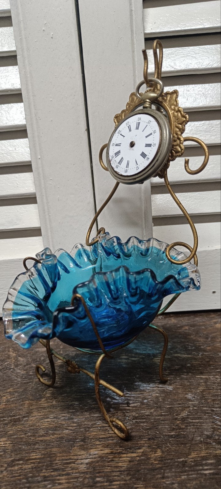Antieke zakhorloge standaard met blauwe glazen schaal, Ophalen of Verzenden
