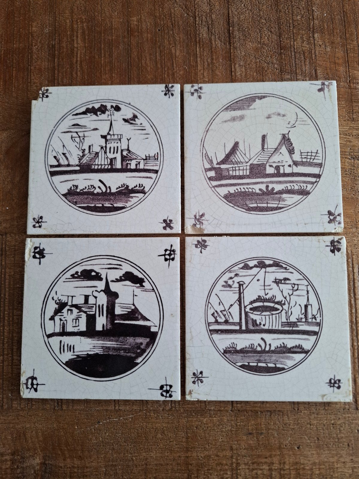 Set van 4 antieke wandtegels met Hollandse landschappen, Ophalen of Verzenden