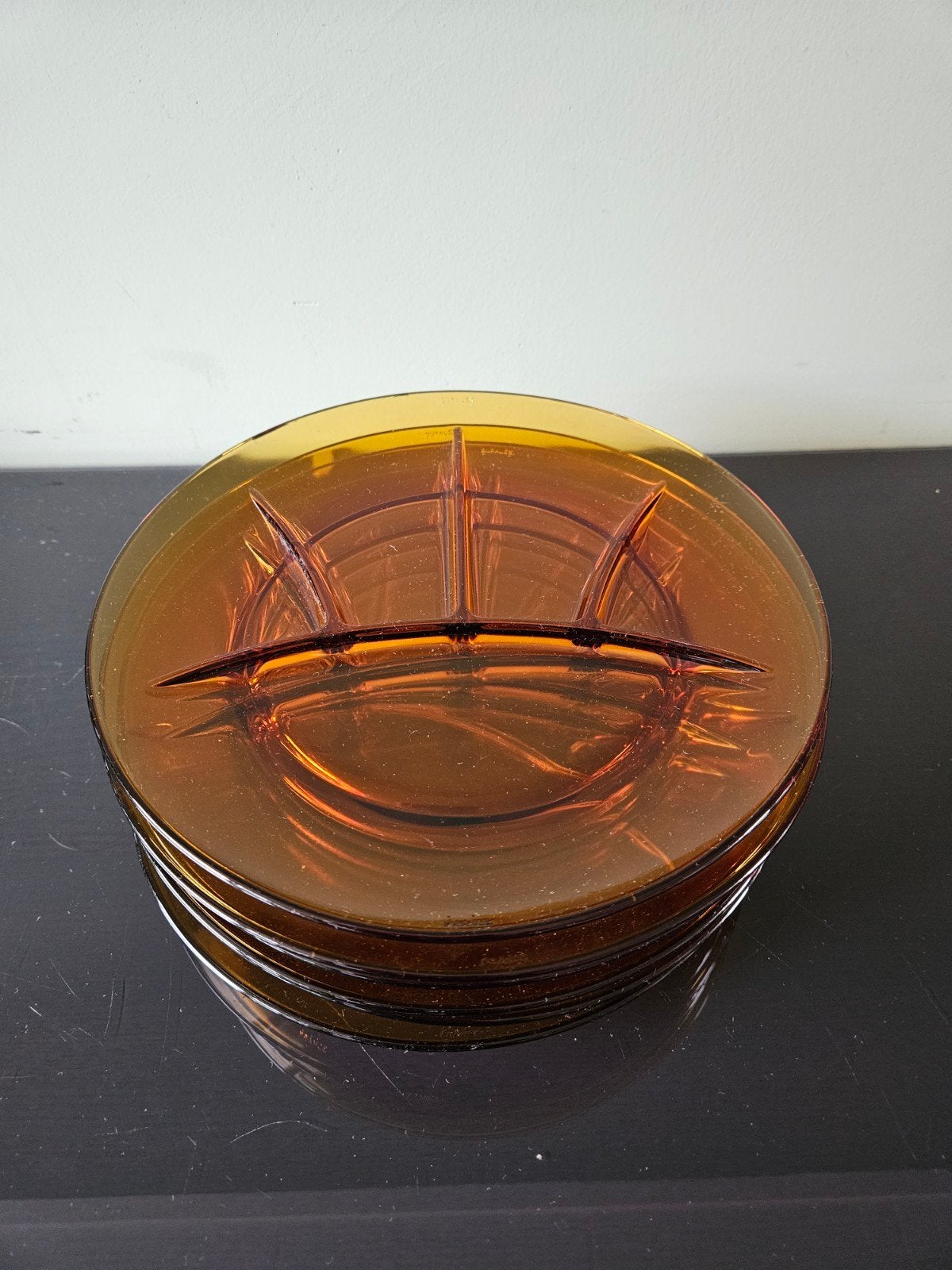 Set van 6 Duralex amberkleurige borden met vakken, glas, Ophalen of Verzenden, Bord(en), Overige stijlen, Glas