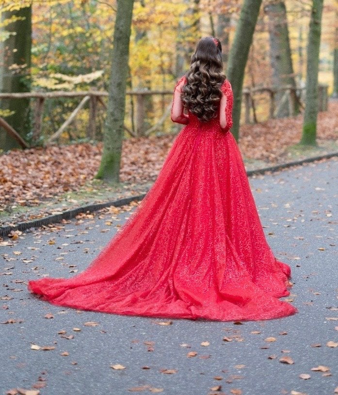 Rode Hennajurk met lange mouwen, Kleding | Dames, Gelegenheidskleding, Galajurk, Ophalen of Verzenden, Zo goed als nieuw, Maat 36 (S)
