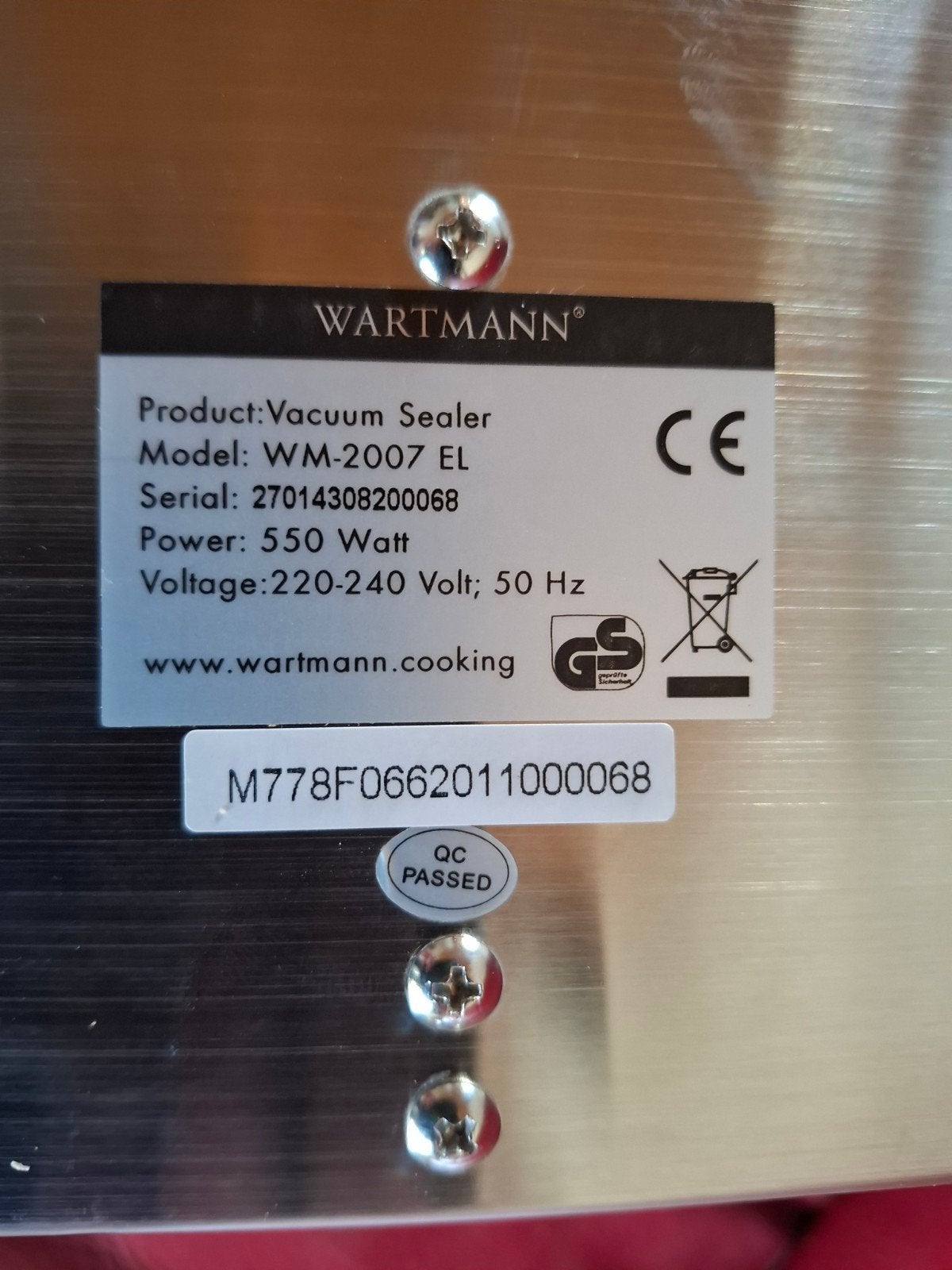 Wartmann WM-2007 EL Vacuümsealer - 550W, Witgoed en Apparatuur, Ophalen of Verzenden, Zo goed als nieuw, Vrijstaand