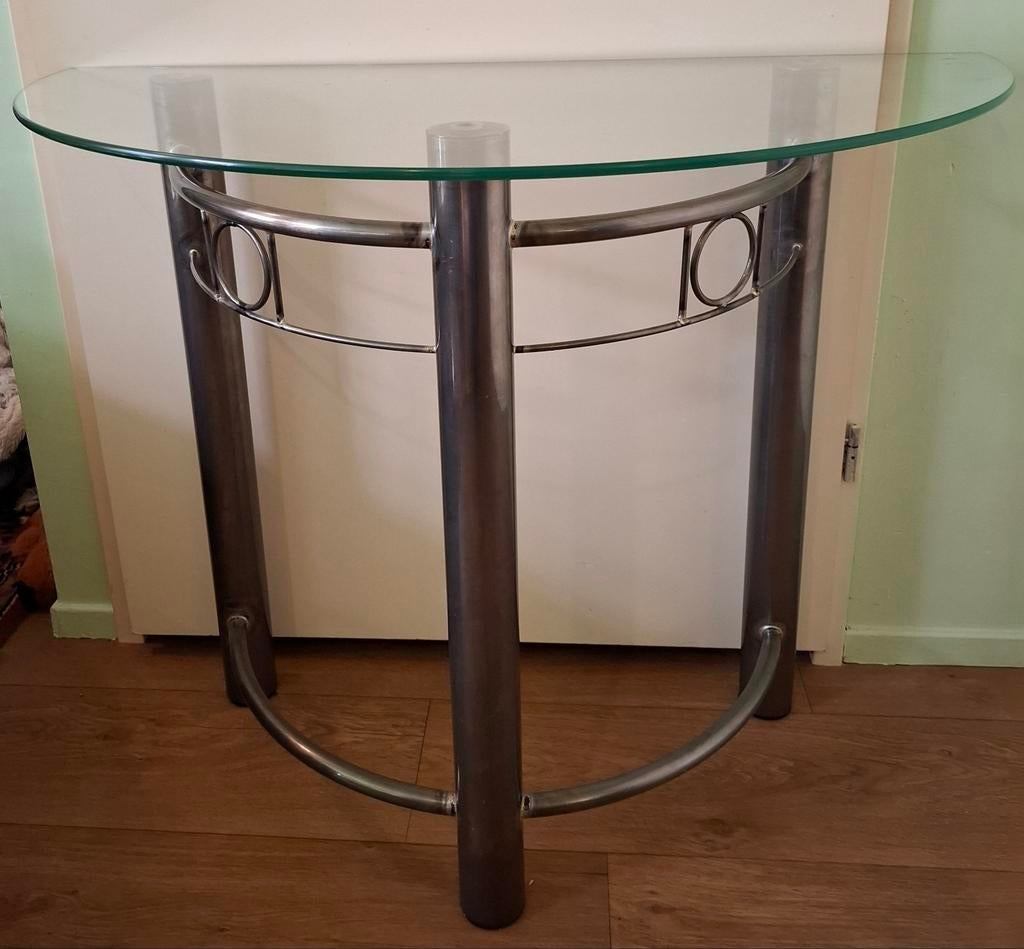 Bijzettafel RVS met glazen blad - 90x74x45 cm, Huis en Inrichting, Tafels | Bijzettafels, Ophalen, Gebruikt, Glas, 75 cm of meer