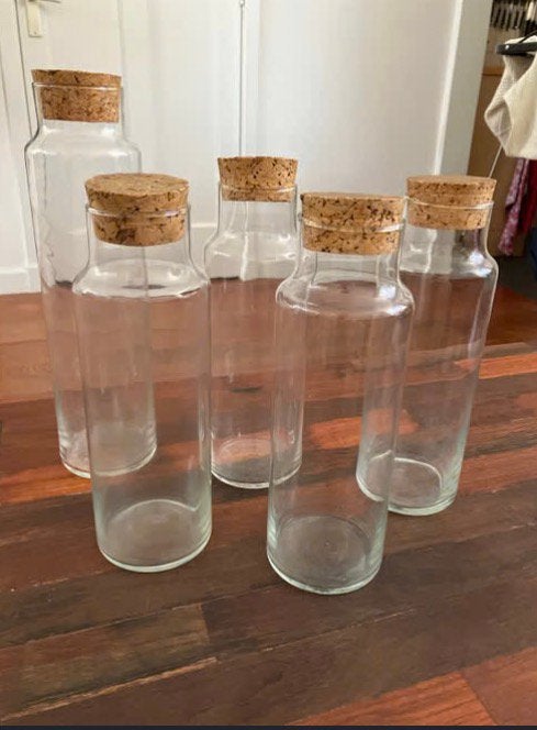 5 voorraad potten met dop van kurk (versturen risico koper), Huis en Inrichting, Ophalen of Verzenden, Zo goed als nieuw, Glas