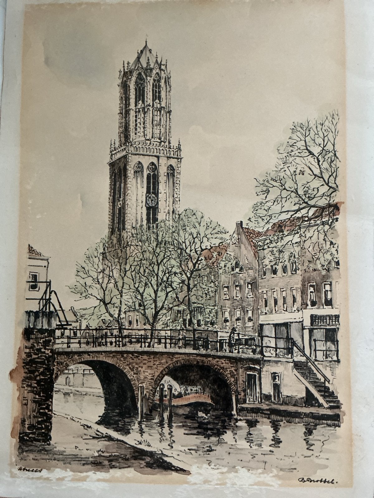 Oude aquarel van de Domtoren in Utrecht door B Brobbel., Ophalen, Realistisch, Gesigneerd, Aquarel