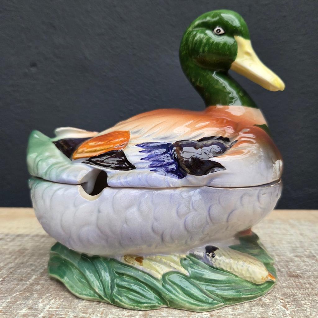 Brocante barbotine aardewerk terrine Eend, Antiek en Kunst, Curiosa en Brocante, Ophalen of Verzenden