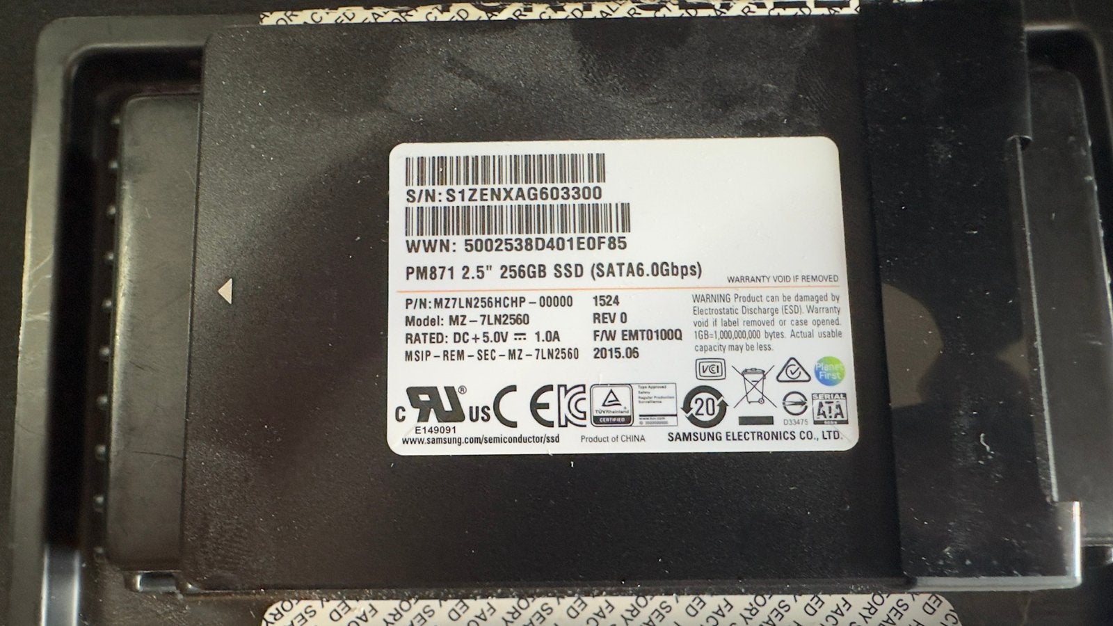 Samsung PM871 256GB 2.5 inch SATA SSD, Computers en Software, Harde schijven, Gebruikt, Ophalen of Verzenden, Laptop, 256gb