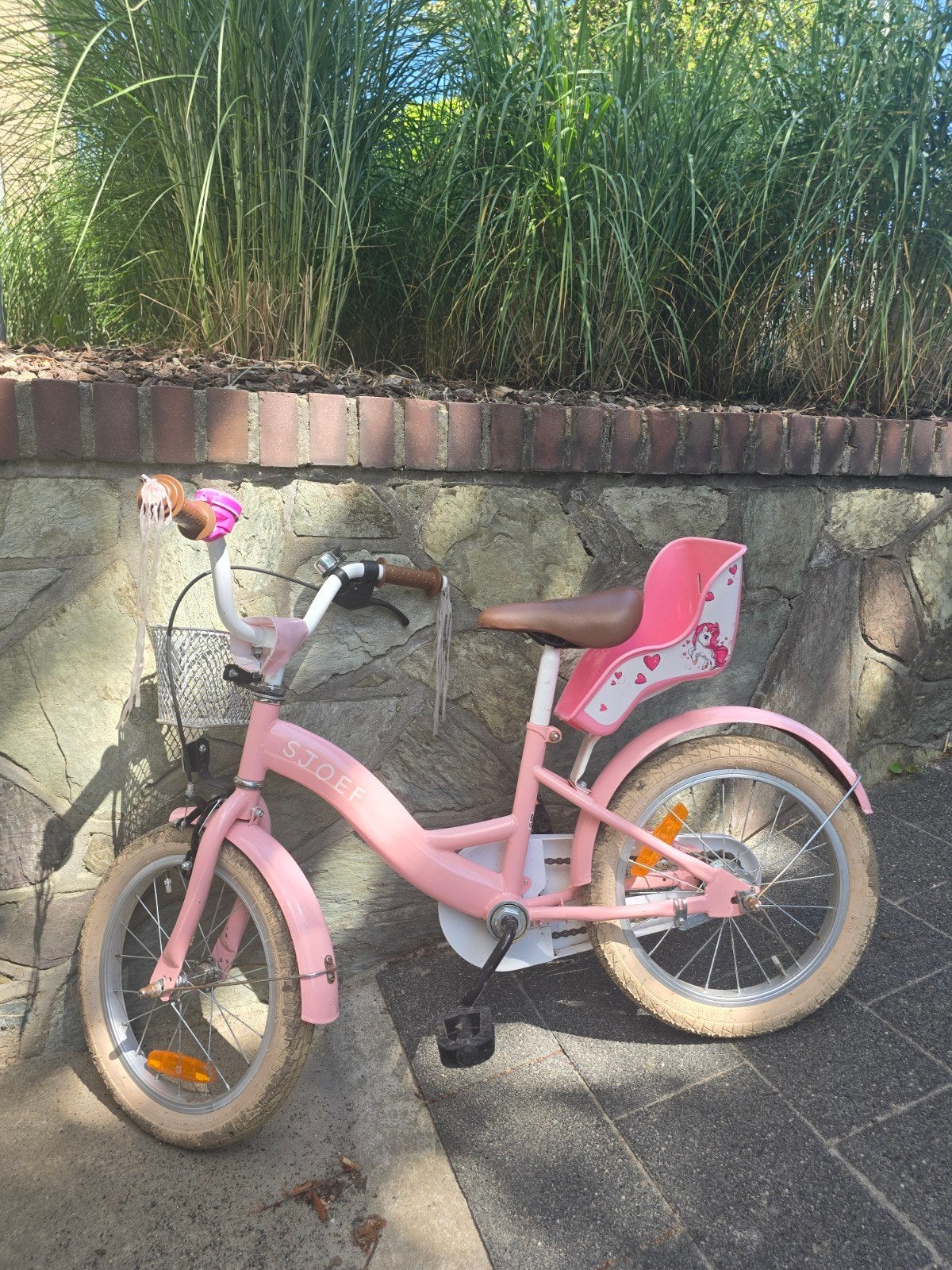 SJOEF 16inch roze kinderfiets unicorn met zijwieltjes, Ophalen, Zo goed als nieuw, 16 tot 20 inch, Zijwieltjes