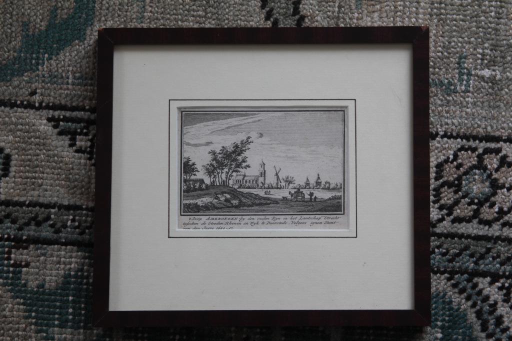 Antieke ets van Amerongen - dorpsgezicht, Ets, Stadsgezicht, Ingelijst, 8 cm
