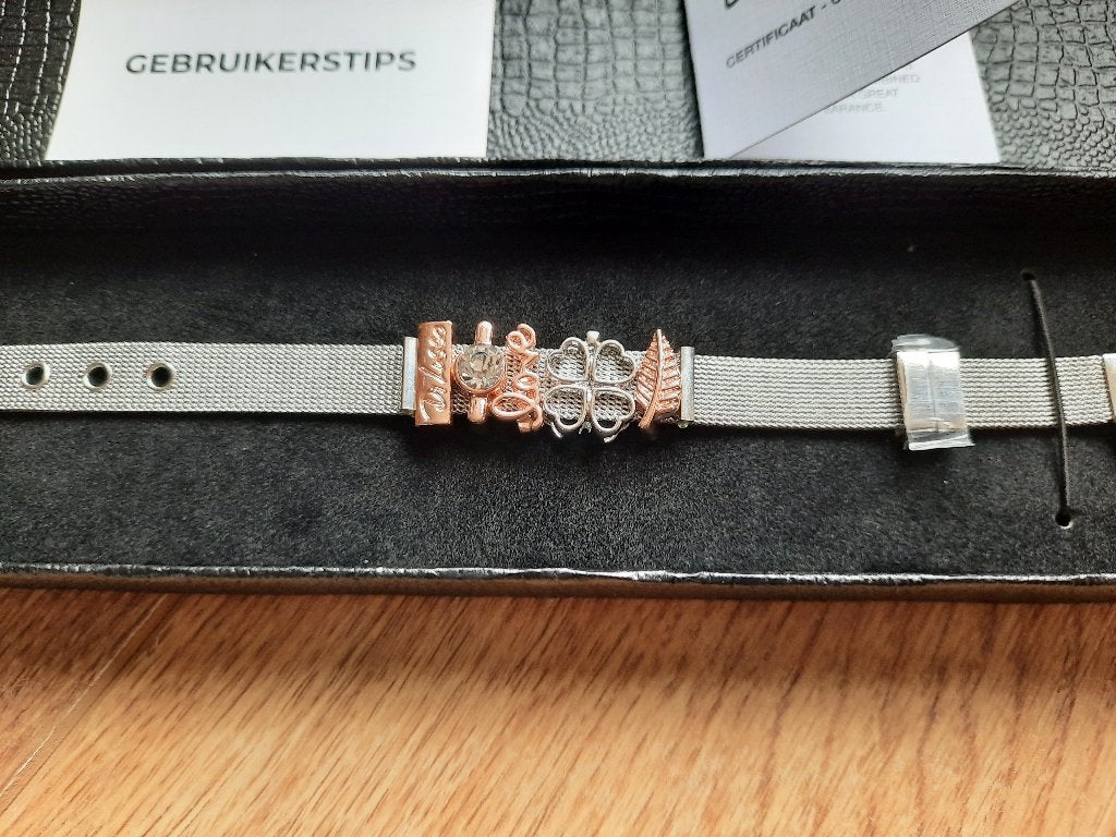 Zilverkleurige armband met aanschuifbedels van Di Lusso., Staal, Nieuw, Ophalen of Verzenden, Met bedels of kralen