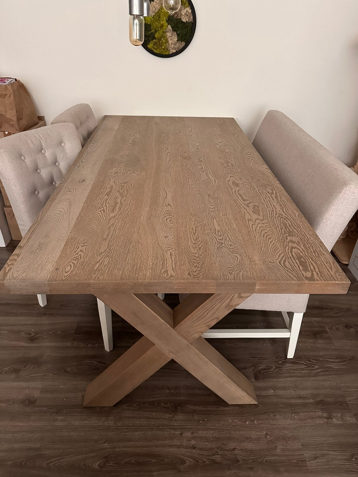 Massief eiken Woonexpress eettafel + 2 stoelen + bankje, Ophalen, Gebruikt, 4 tot 6 stoelen