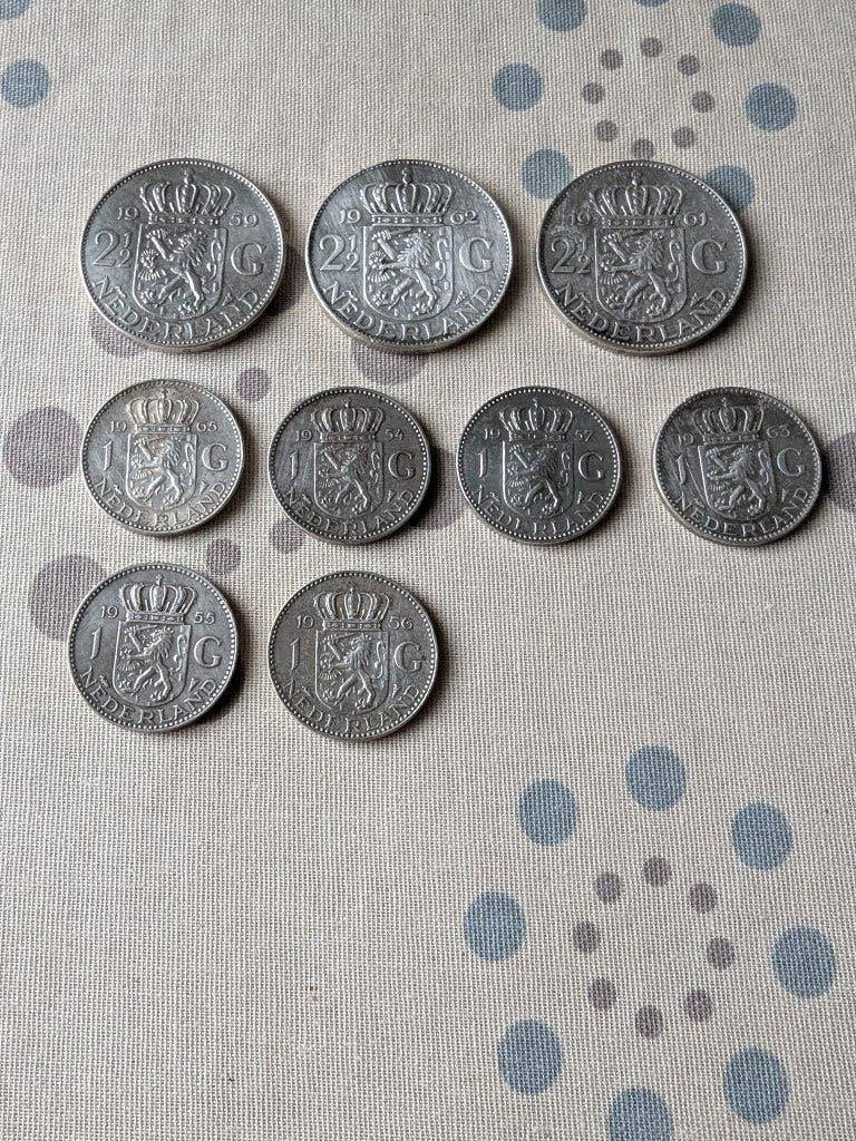 Set van 9 zilveren Nederlandse guldens Koningin Juliana, Koningin Juliana, Setje, Zilver, Overige waardes